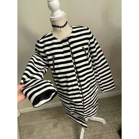 Halogen Womens Long Jacket Coat Duster Black White Stripe Zip Front Sz XS Shift - Picture 1 of 16